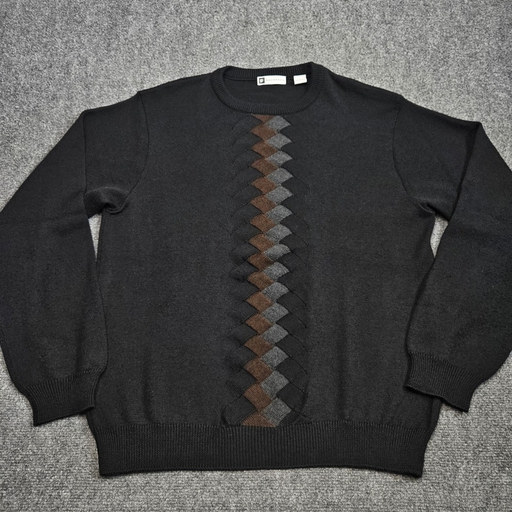 Bachrach Vintage 90s Sweater Large Black Argyle Wool‎ Blend Preppy Dark Academia